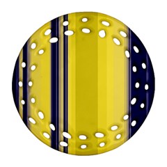 Yellow Blue Background Stripes Round Filigree Ornament (Two Sides)