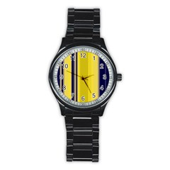 Yellow Blue Background Stripes Stainless Steel Round Watch