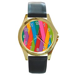 Colorful Lines Pattern Round Gold Metal Watch by Simbadda