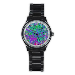 Green Purple Pink Background Stainless Steel Round Watch