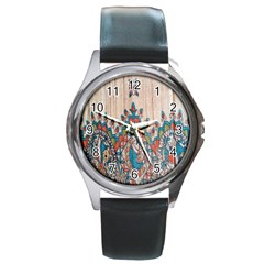 Blue Brown Cloth Design Round Metal Watch by Simbadda