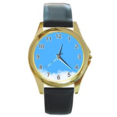 Blue Sky Clouds Day Round Gold Metal Watch