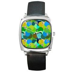 Green Aqua Teal Abstract Circles Square Metal Watch by Simbadda