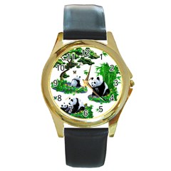 Cute Panda Cartoon Round Gold Metal Watch by Simbadda