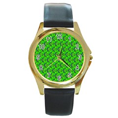 Green Abstract Art Circles Swirls Stars Round Gold Metal Watch by Simbadda