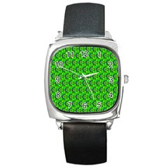 Green Abstract Art Circles Swirls Stars Square Metal Watch by Simbadda