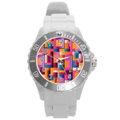 Abstract Background Geometry Blocks Round Plastic Sport Watch (l) by Simbadda