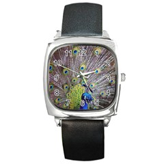 Peacock Bird Feathers Square Metal Watch by Simbadda