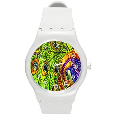 Peacock Feathers Round Plastic Sport Watch (m) by Simbadda