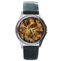 Leaves Autumn Texture Brown Round Metal Watch by Simbadda