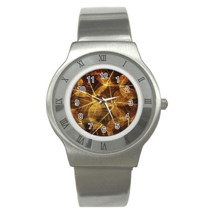 Leaves Autumn Texture Brown Stainless Steel Watch