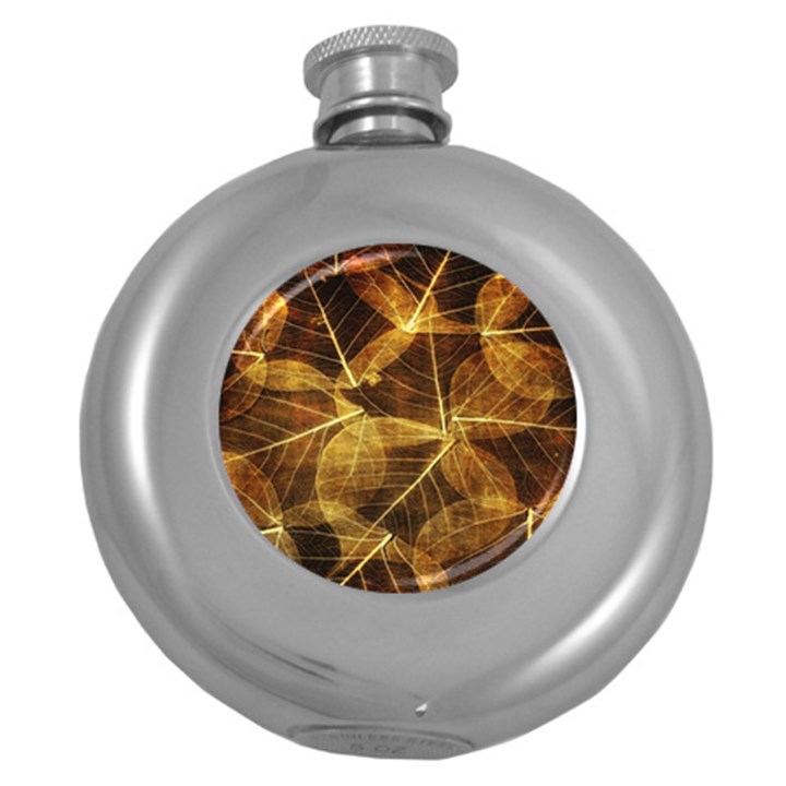 Leaves Autumn Texture Brown Round Hip Flask (5 oz)