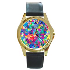 Colorful Abstract Triangle Shapes Background Round Gold Metal Watch by TastefulDesigns