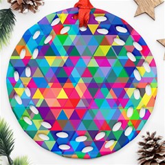 Colorful Abstract Triangle Shapes Background Round Filigree Ornament (two Sides) by TastefulDesigns