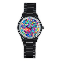 Colorful Abstract Triangle Shapes Background Stainless Steel Round Watch by TastefulDesigns