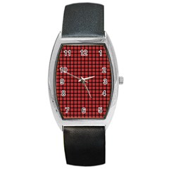 Red Plaid Barrel Style Metal Watch by PhotoNOLA