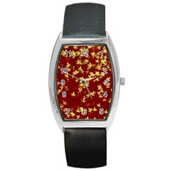 Background Design Leaves Pattern Barrel Style Metal Watch by Simbadda