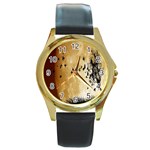 Birds Sky Planet Moon Shadow Round Gold Metal Watch Front