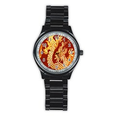 Fabric Pattern Dragon Embroidery Texture Stainless Steel Round Watch by Simbadda