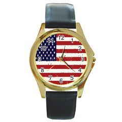 Flag United States United States Of America Stripes Red White Round Gold Metal Watch by Simbadda