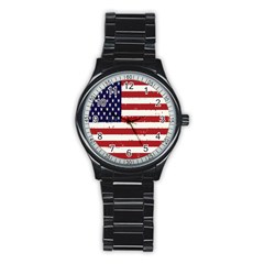 Flag United States United States Of America Stripes Red White Stainless Steel Round Watch by Simbadda