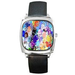 Flowers Colorful Drawing Oil Square Metal Watch by Simbadda