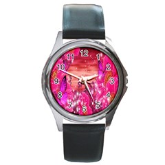 Flowers Neon Stars Glow Pink Sakura Gerberas Sparkle Shine Daisies Bright Gerbera Butterflies Sunris Round Metal Watch by Simbadda