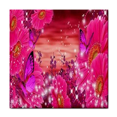 Flowers Neon Stars Glow Pink Sakura Gerberas Sparkle Shine Daisies Bright Gerbera Butterflies Sunris Tile Coasters by Simbadda