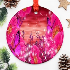 Flowers Neon Stars Glow Pink Sakura Gerberas Sparkle Shine Daisies Bright Gerbera Butterflies Sunris Ornament (round) by Simbadda