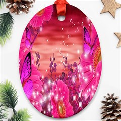 Flowers Neon Stars Glow Pink Sakura Gerberas Sparkle Shine Daisies Bright Gerbera Butterflies Sunris Ornament (oval) by Simbadda