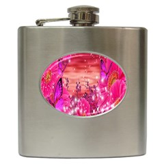 Flowers Neon Stars Glow Pink Sakura Gerberas Sparkle Shine Daisies Bright Gerbera Butterflies Sunris Hip Flask (6 Oz) by Simbadda