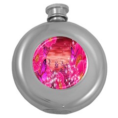 Flowers Neon Stars Glow Pink Sakura Gerberas Sparkle Shine Daisies Bright Gerbera Butterflies Sunris Round Hip Flask (5 Oz) by Simbadda