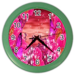 Flowers Neon Stars Glow Pink Sakura Gerberas Sparkle Shine Daisies Bright Gerbera Butterflies Sunris Color Wall Clocks by Simbadda