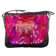 Flowers Neon Stars Glow Pink Sakura Gerberas Sparkle Shine Daisies Bright Gerbera Butterflies Sunris Messenger Bags by Simbadda