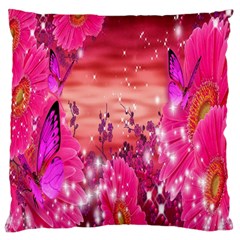 Flowers Neon Stars Glow Pink Sakura Gerberas Sparkle Shine Daisies Bright Gerbera Butterflies Sunris Large Cushion Case (two Sides) by Simbadda