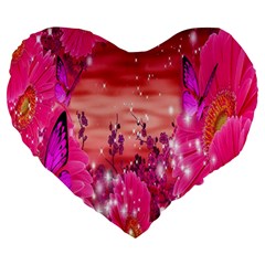 Flowers Neon Stars Glow Pink Sakura Gerberas Sparkle Shine Daisies Bright Gerbera Butterflies Sunris Large 19  Premium Heart Shape Cushions by Simbadda