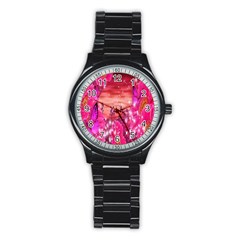 Flowers Neon Stars Glow Pink Sakura Gerberas Sparkle Shine Daisies Bright Gerbera Butterflies Sunris Stainless Steel Round Watch by Simbadda