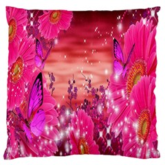 Flowers Neon Stars Glow Pink Sakura Gerberas Sparkle Shine Daisies Bright Gerbera Butterflies Sunris Large Flano Cushion Case (one Side) by Simbadda