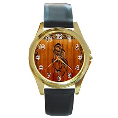 Pattern Shape Wood Background Texture Round Gold Metal Watch