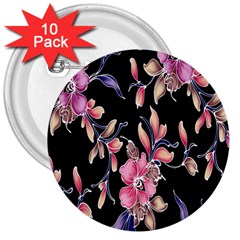 Neon Flowers Black Background 3  Buttons (10 Pack)  by Simbadda