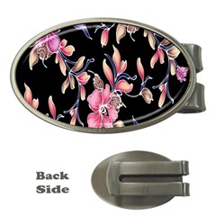 Neon Flowers Black Background Money Clips (oval)  by Simbadda