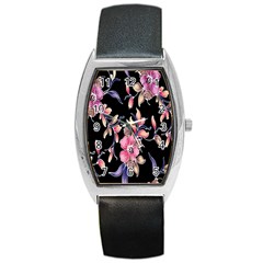 Neon Flowers Black Background Barrel Style Metal Watch by Simbadda