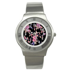 Neon Flowers Black Background Stainless Steel Watch by Simbadda