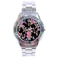 Neon Flowers Black Background Stainless Steel Analogue Watch by Simbadda