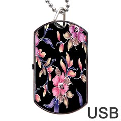 Neon Flowers Black Background Dog Tag Usb Flash (two Sides) by Simbadda