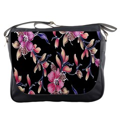 Neon Flowers Black Background Messenger Bags by Simbadda