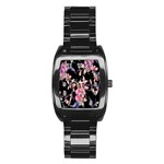 Neon Flowers Black Background Stainless Steel Barrel Watch Front