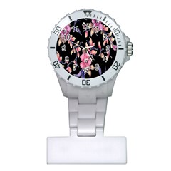 Neon Flowers Black Background Plastic Nurses Watch by Simbadda