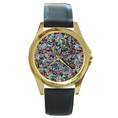 Neon Floral Print Silver Spandex Round Gold Metal Watch by Simbadda