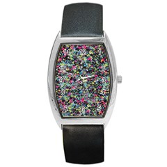 Neon Floral Print Silver Spandex Barrel Style Metal Watch by Simbadda